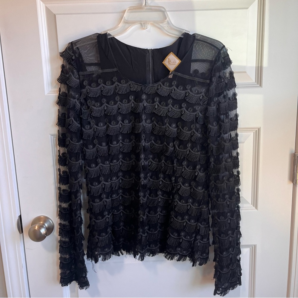 Luba by Hannah Payne Black Embroidered and Fray Thread Long Sleeve Mesh Top Sz 6